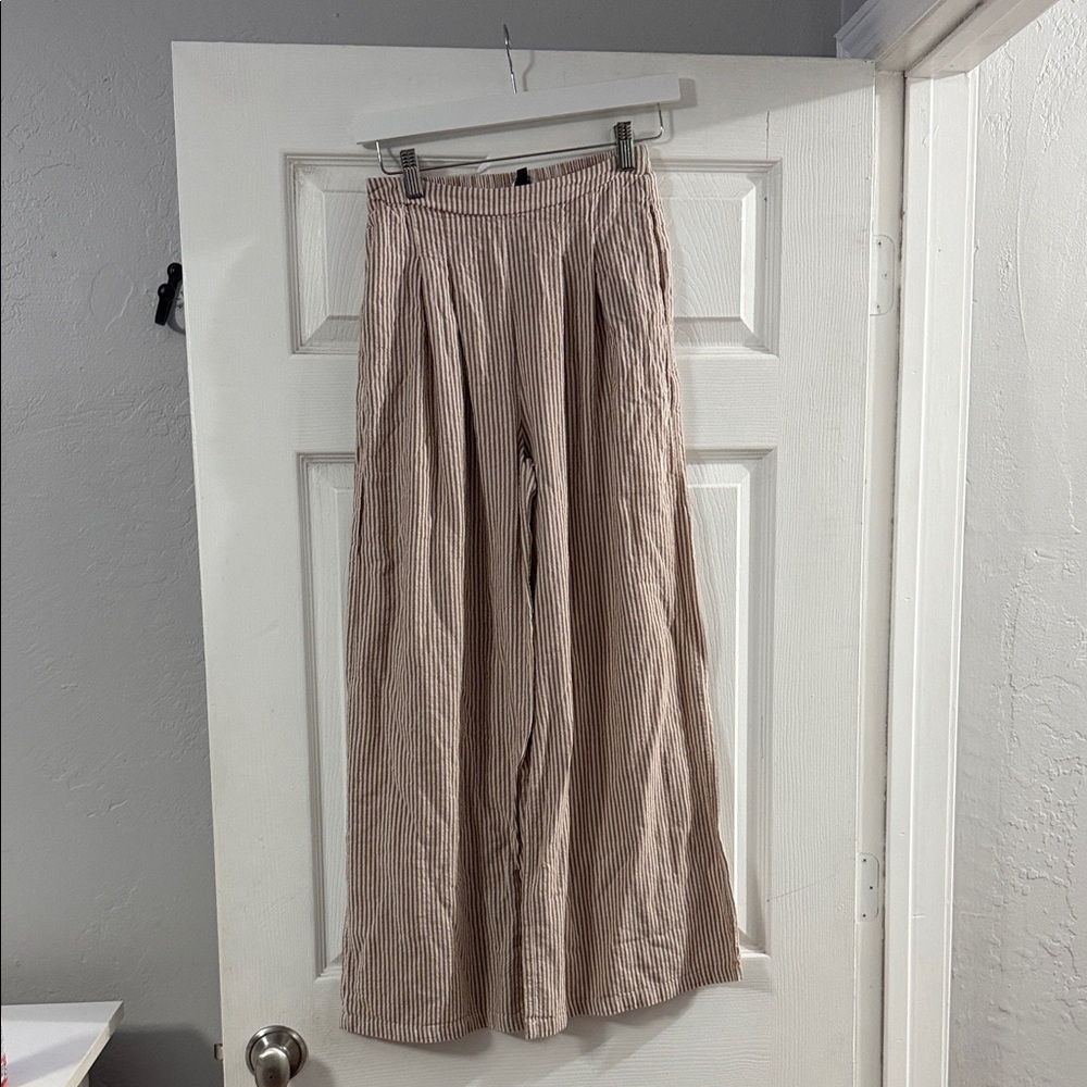 Aakaa Beige and Cream Striped Wide-Leg Pants